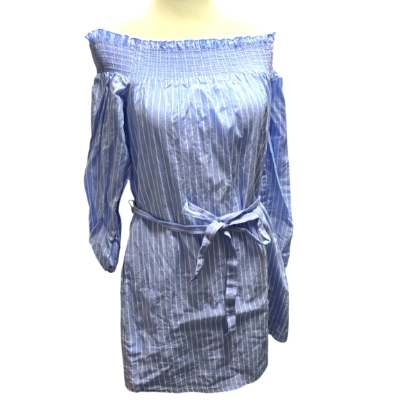 Express Blue Strip Off the Shoulder Tie Dress S/P - Picture 3 of 7